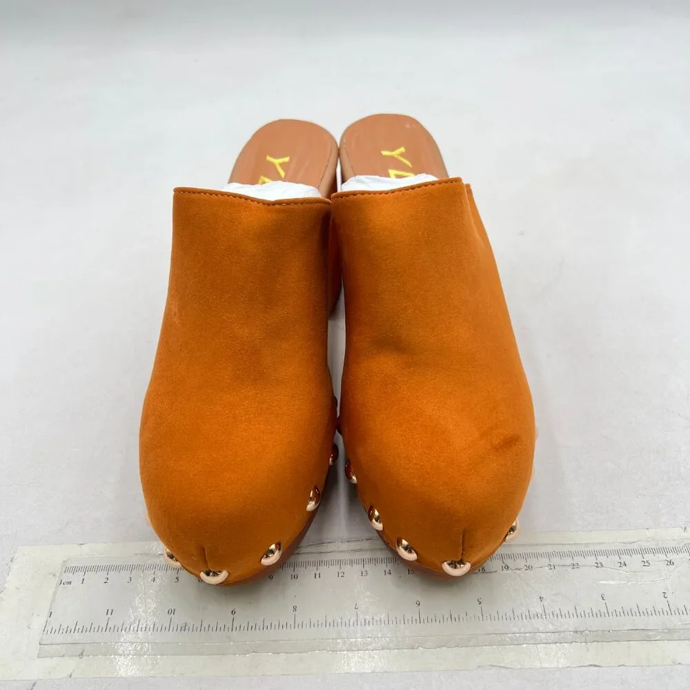 YDN Tan Brown Platform Slip On Clogs Mules Cork High Heel Round Toe Rivet Sandal - Picture 3 of 8